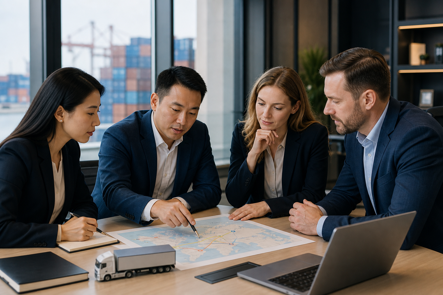 Logistics team coordinating an international shipment